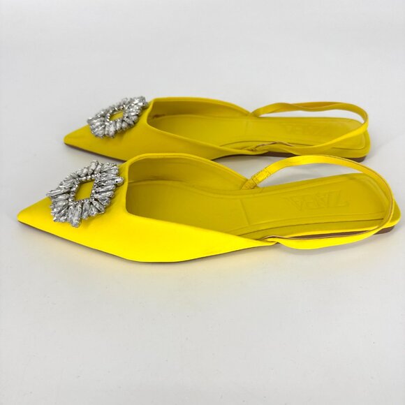 Zara Pointy Toe Slingback Flats with Rhinestone Embellishment Yellow 39 US 8 - Picture 3 of 9